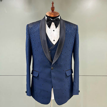 Costume de marié 3 pièces bleu pailleté avec cristaux, costume formel pour homme, sur mesure, blazer noir pour bal de promo, mode masculine
