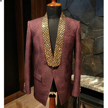 Dark Red Formal Men Suits with Gold Sequined Beading Two Pieces Groom Wear ( Jacket + Pants )