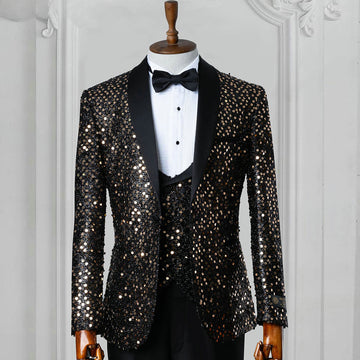 Costume de marié noir à paillettes pour homme, ensemble 3 pièces veste, gilet et pantalon, blazer décontracté et élégant