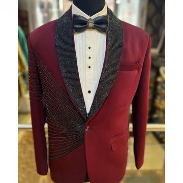 Dark Red Crystal Beading Blazers Men Suits Fashion Banquet 2 Piece Business Jacket Pants Trousers