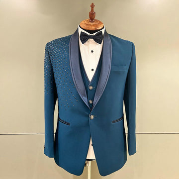 Blue 3 Pieces Groom Wedding Tuxedos Crystal Formal Suits Men Custom Made Black Prom Blazer Sets Male Fashion