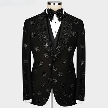 Costume de marié 2 pièces pour homme, veste et pantalon, style décontracté et élégant, avec perles noires et cristaux