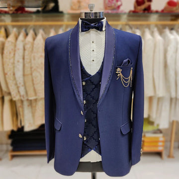 Blazer bleu pour homme, costume 3 pièces à la mode avec perles, veste, gilet et pantalon