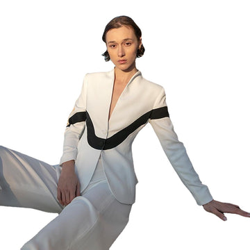 Black White Women Pants Suits Slim Fit Office Lady Party Prom Blazer Leisure Outfit Tuxedos (Jacket+Pants)