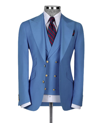 Classic Blue Full Men's Suit for Wedding 3PCS Blazer Vest Pants Slim Fit Formal Business