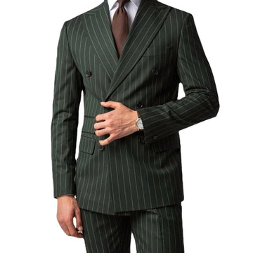Men's Clothing Blazer Sets Army Green Stripe Suits Jackets Slim Plus Size Luxury Double Breasted Tuxedo