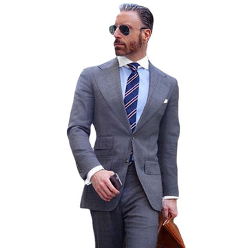 Grey 2 Piece Slim Fit Men Formal Suit Wide Lapel Grey Groom Wedding Tuxedo Cutsom Prom Wedding Men Suit Set