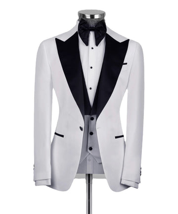 Costume de mariage 3 pièces pour homme, col en satin noir, smoking blanc, blazer, pantalon, costume de soirée formel pour homme