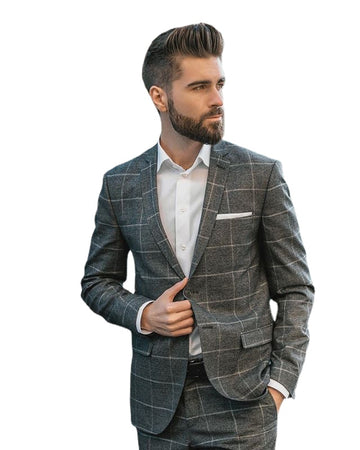 Trajes grises para hombre, esmoquin de novio, solapa con muesca, blazer ajustado, chaqueta a cuadros de dos piezas, pantalones, ropa a medida para hombre.