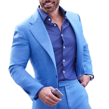 Blue Casual Men Suits Slim Fit 2 Piece Prom Wedding Tuxedo for Groomsmen Notched Lapel Jacket with Pants