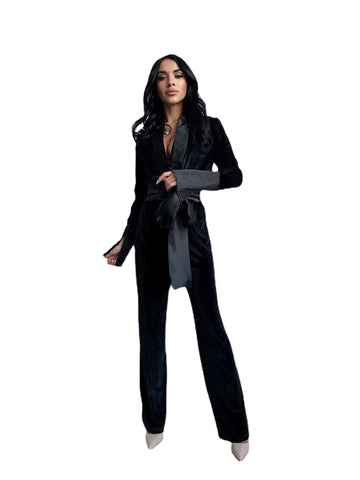 Traje de chaqueta de terciopelo negro para mujer con cinturón, manga larga, corte entallado, pantalón formal, para fiesta de graduación y boda (chaqueta + pantalón)
