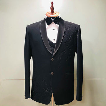 Black Appliques Beading Groom Wedding Tuxedos 2 Pieces Formal Suits Men Custom Made Black Prom Blazer Sets Male Fashion