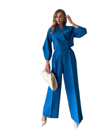 Royal Blue Woolen Women Suit Set 2 Pcs Blazer+Pants Winter Wedding Prom Dress Double Breasted Tailored Jacket Wide Leg Trousers
