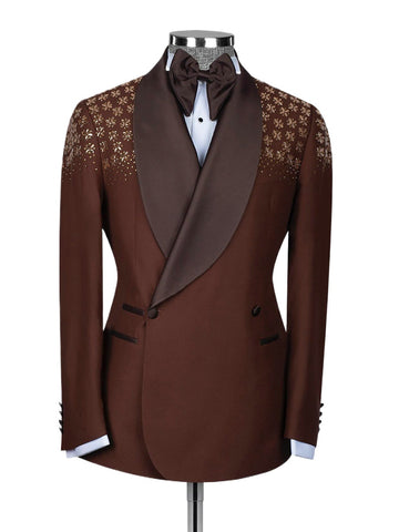 Elegante traje de fiesta de noche de dos piezas para hombre, blazer con cuentas de cristal dorado, traje de novio (chaqueta + pantalón)