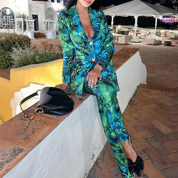 Conjunto de dos piezas de blazer y pantalón largo verde para mujer, conjunto de 2 piezas, conjuntos a juego para mujer