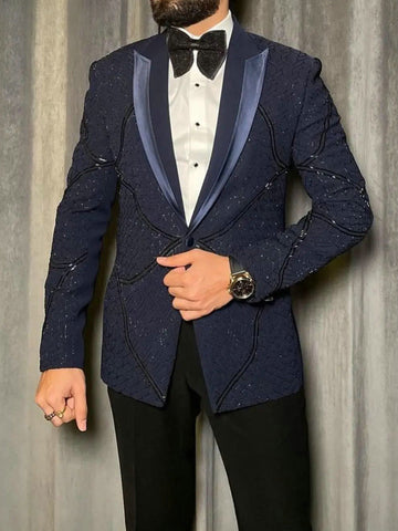 Navy Blue Sequined Crystal Men Suits Two Pieces Man Blazer(Jacket+Pants)