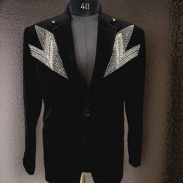 Costume 2 pièces pour homme, avec perles en cristal noir, smoking de mariage, dîner, bal, blazer