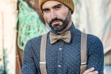 Adult Suit Suspenders Set, Groom Wedding Suspenders and Suit Bow Tie, Pure Linen Men Braces
