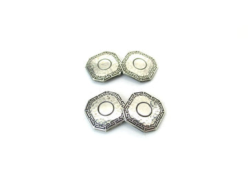 Antique Silver Cufflinks, Hammered Sterling Art Deco 2-Sided Tops w/ Engraved Greek Key, Vintage Men's 1920s
