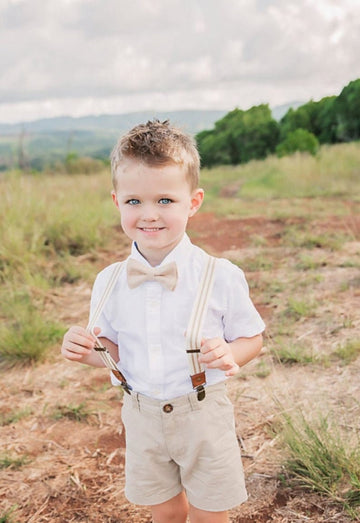 Pajarita color canela Biscotti y tirantes a rayas color marfil beige, regalo rústico para portador de anillos, traje de padrino de boda para hombre, traje de boda para niño, conjunto de graduación