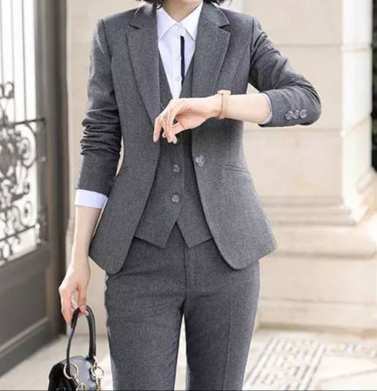 Costumes 3 pièces gris uni, tailleurs pantalons gris avec blazer, gilet, costumes de bureau pour femmes, costumes de mariage pour femmes