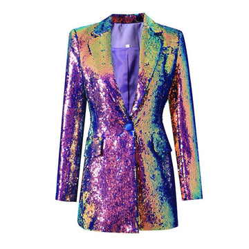 Blazer de lujo para mujer, de un botón, con lentejuelas multicolor arcoíris, de largo medio, ideal para actuaciones, ceremonias de boda y conciertos de estrellas del pop.