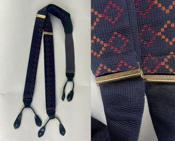 Bretelles Diamond Dave style années 40 | Bretelles vintage années 80/40 bleu marine avec broderies marron et rouge, dos en Y et pattes de boutonnage en cuir