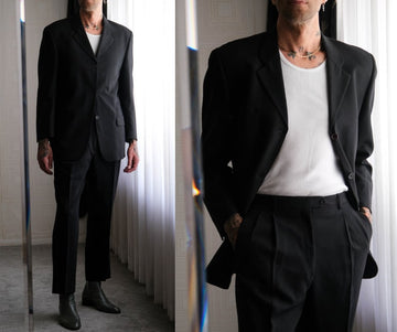 Vintage 90s Giorgio Sanetti Black Wool Gabardine Three Button Suit | Made in Italy |