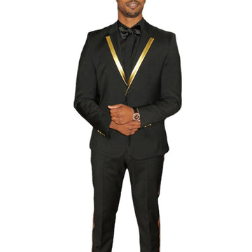 Costume 2 pièces pour homme avec motif doré, smoking de mariage noir, veste et pantalon à revers crantés
