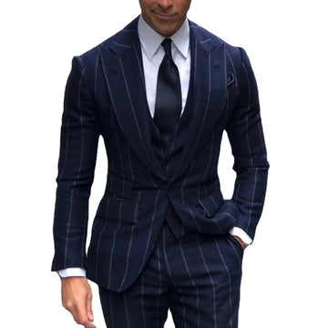 Trajes de hombre azul marino de raya diplomática, esmoquin de boda entallado, un botón, solapa de pico, chaqueta para fiesta de graduación (abrigo, chaleco y pantalones)