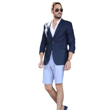 Summer Beach Blue Coat With Short Pant Men Suits Prom Suit Vintage Groomsmen Wedding Tuxedos Men Suit(Jacket+Pants)