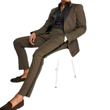 Custom Made Men Suits Brown Groom Tuxedos Peak Black Lapel Groomsmen 2 Pieces Set Wedding (Jacket + Pants + Bow Tie)