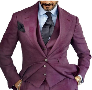 Traje de novio de 3 piezas color uva morado (chaqueta + pantalón + chaleco + corbata)