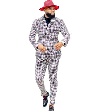 Houndstooth Men Suits Groom Tuxedos With Belt Slim Fit Business Blazer 2 Piece Set Costume Homme Jacket Pants