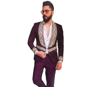 Trajes de hombre de 2 piezas con encaje floral, abrigo morado y pantalón, trajes de boda a medida, de un solo pecho, formales de lujo