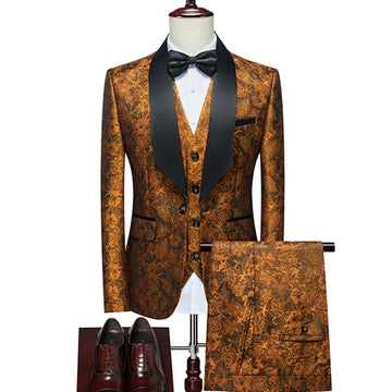 Conjunto de 3 piezas de chaqueta y pantalón con estampado floral para hombre, blazer y pantalón ajustado con chaleco.