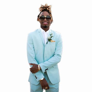 Peaked Lapel Sky Blue Men Suits Slim Fit Two Pieces Beach Men Groomsmen Wedding Tuxedos Formal Prom Suit (Jacket+Pants)
