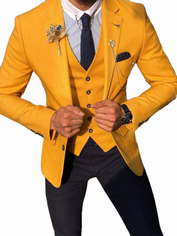 Trajes de negocios para hombre, entallados, amarillos, de un botón, para novio, 3 piezas (chaqueta, pantalón y chaleco)
