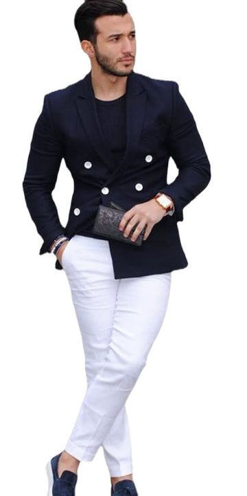 Navy Blue Double Breasted Men Suit Casual Blazer Costume Homme Tuxedo Custom Jacket Style Men Suit 2pcs