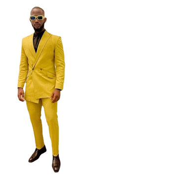 Esmoquin amarillo irregular con doble botonadura y hebilla para hombre, traje de boda para novio, caballero formal, blazer ajustado de lujo personalizado, 2 piezas