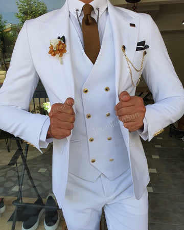 Costume 3 pièces blanc pour homme, coupe slim, revers pointus, smoking décontracté, sur mesure (blazer, pantalon, gilet)
