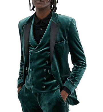 Green Velvet Groom Tuxedos for Wedding With Black Peak Lapel Men Suits 3 Pieces Best Blazer ( Jacket+Pants+Vest )