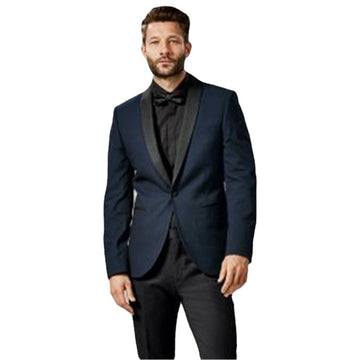 Traje de hombre con chaqueta azul marino, pantalón negro y solapa chal, esmoquin a medida, clásico, formal, para baile de graduación, 2 piezas, chaqueta y pantalón.