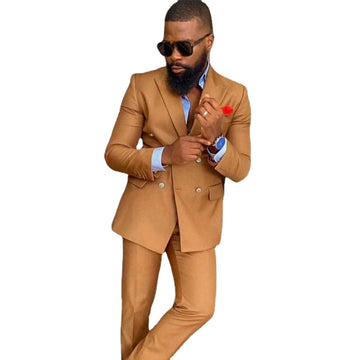 Brown Double Breasted Wedding Men Suits Slim Fit with Peaked Lapel African Groom Tuxedo for Dinner Party 2 Pcs