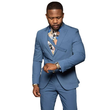Costume bleu pour homme sur mesure 2 pièces, blazer, pantalon, smoking, simple boutonnage, boutons, coupe slim moderne, mariage, marié, bal, sur mesure