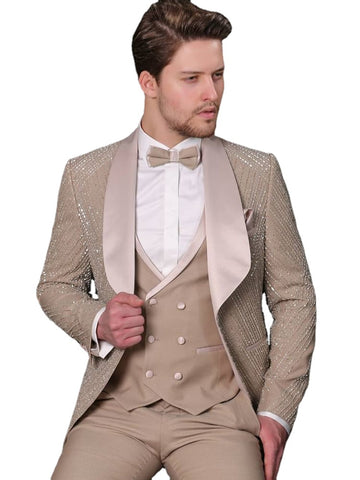 Costume de mariage kaki pour homme, coupe slim, grande taille, tenue de soirée, 3 pièces (veste, pantalon, gilet)