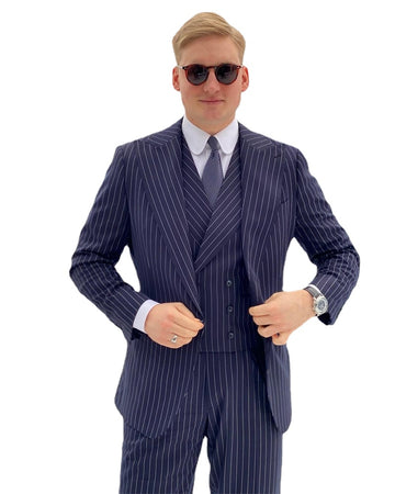 Costume Homme Pinstripe Navy Men Suits Custom Made 3 Pieces Blazer Pants Vest Formal Prom Wedding Groom Tuexdos Clothing