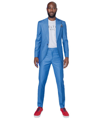 Traje de hombre de raya azul a medida, 2 piezas, blazer azul, pantalón, un botón, corte entallado, formal, de negocios, informal, para anfitrión de fiesta, a medida
