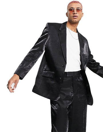 Trajes de hombre de satén brillante, 2 piezas, modernos, estampados, a medida, negros, ajustados, formales, informales, con abrigo y pantalón.