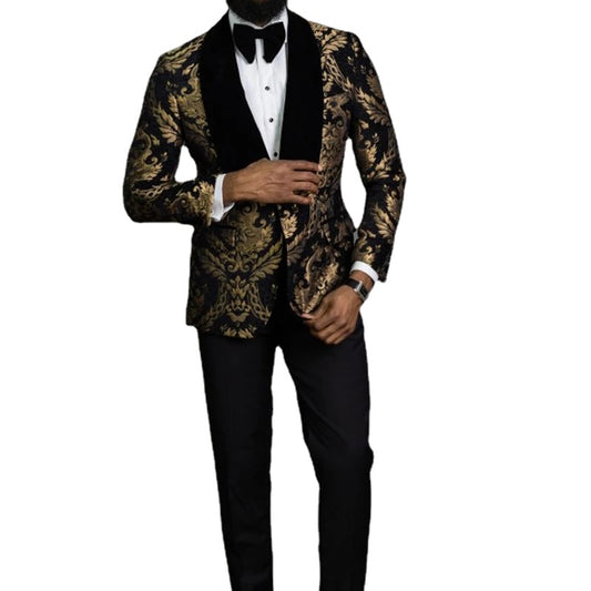 Blue African Floral Jacquard Prom Men Suit Wedding 2 Piece Slim Fit Groom Tuxedo